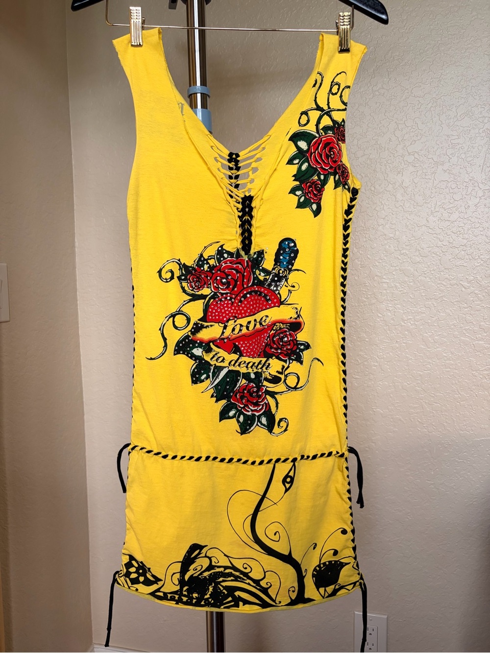 Y2K Stunning Vintage  Kimikal Yellow Lace-Up Tattoo Print Tank Dress